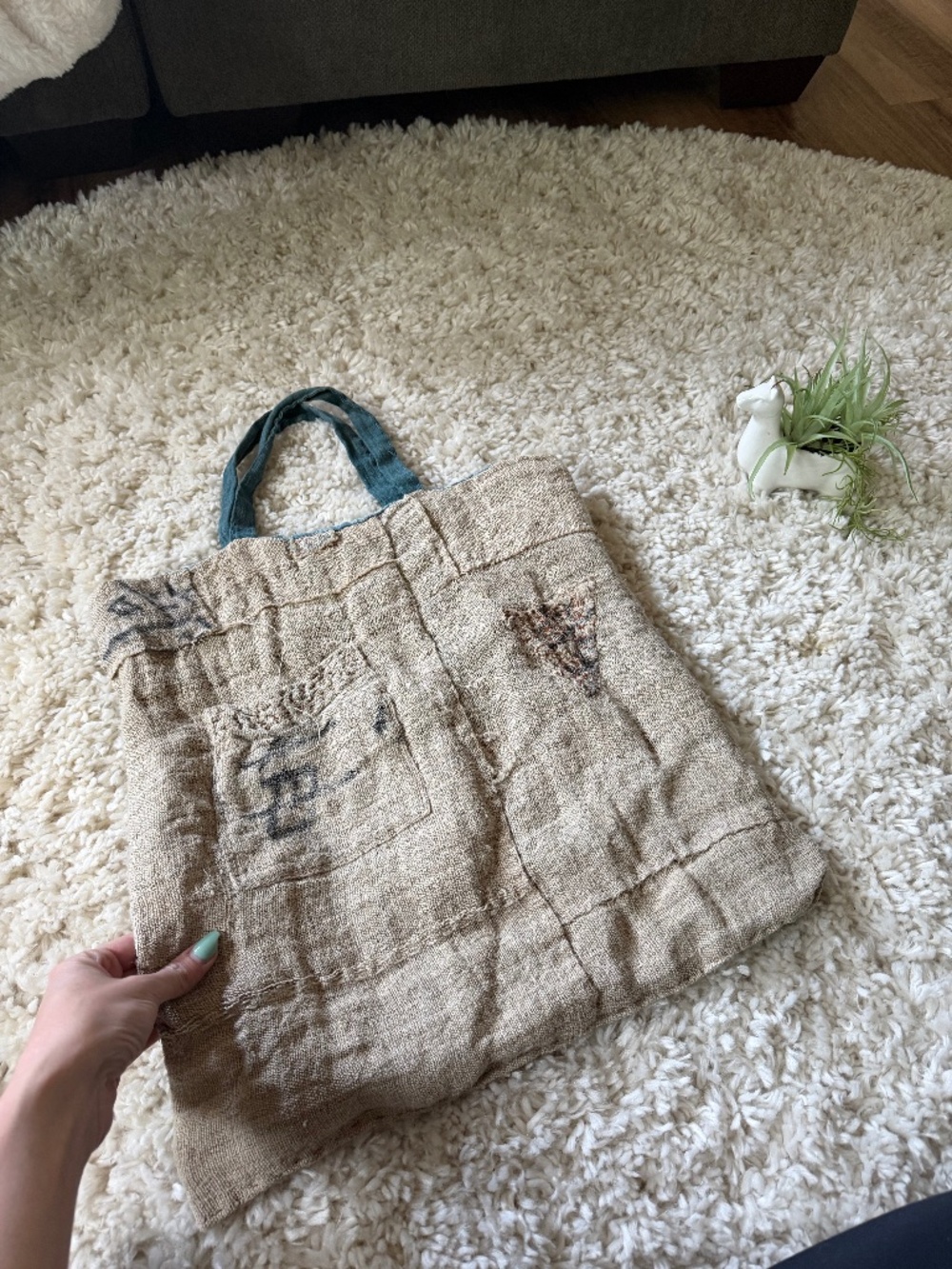 Casual Natural Beige Burlap Tote with Teal Handles trending potato vintage bag b